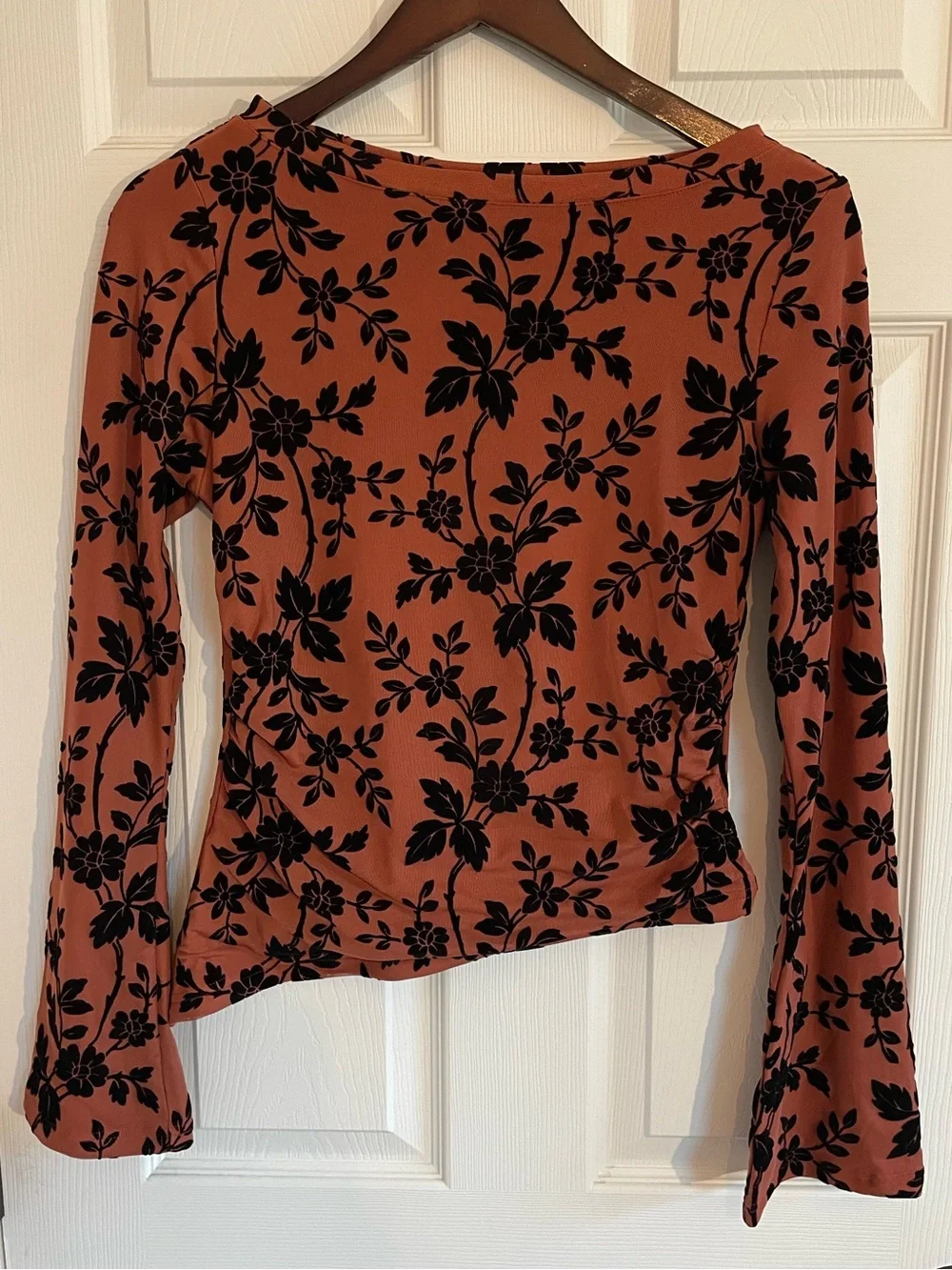 Rust Floral Velvet Long Sleeve Top Women’s M Burnt Orange Blouse Black